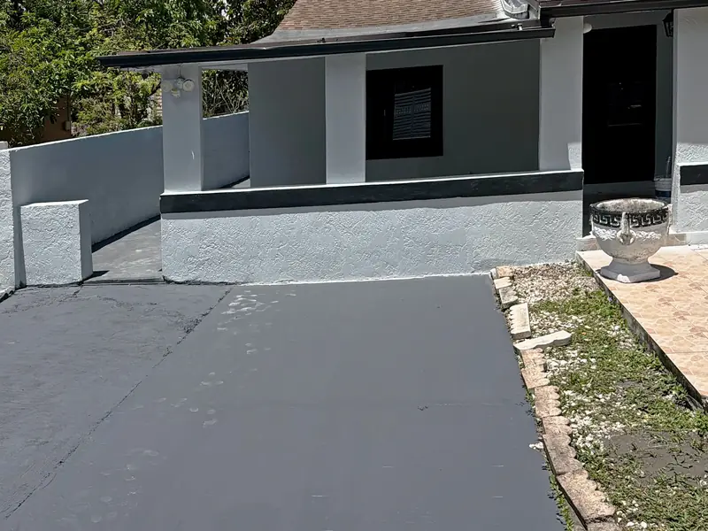 Front entry after painting: gray walls, dark trim and a coated drive